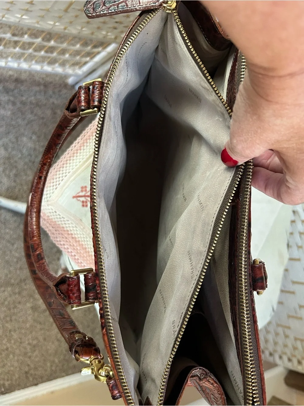 BRAHMIN BLAKE Carryall Brown Chestnut Croc-Embossed Satchel Tote Bag Convertible